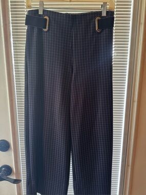 Woman’s Betabrand Navy Windowpane Dress Pants with Velvet Side Buckles